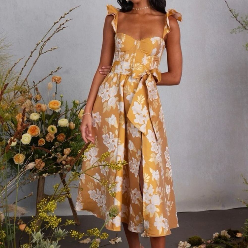 V. Chapman The Vera Dress Maxi in Gold Baroque Floral Size 12